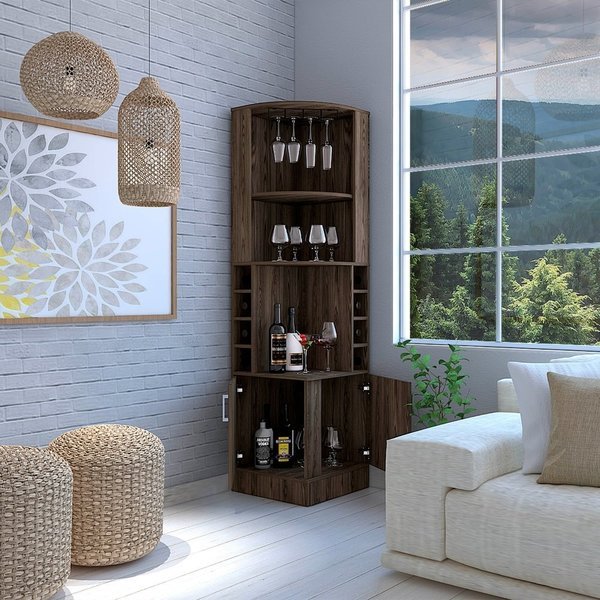 Syrah Corner Bar Cabinet, Two External Shelves, Dark Walnut, Tuhome, Mfr#: BLA4445